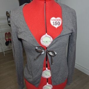 Gray Open-Front Cardigan with Ribbon Tie